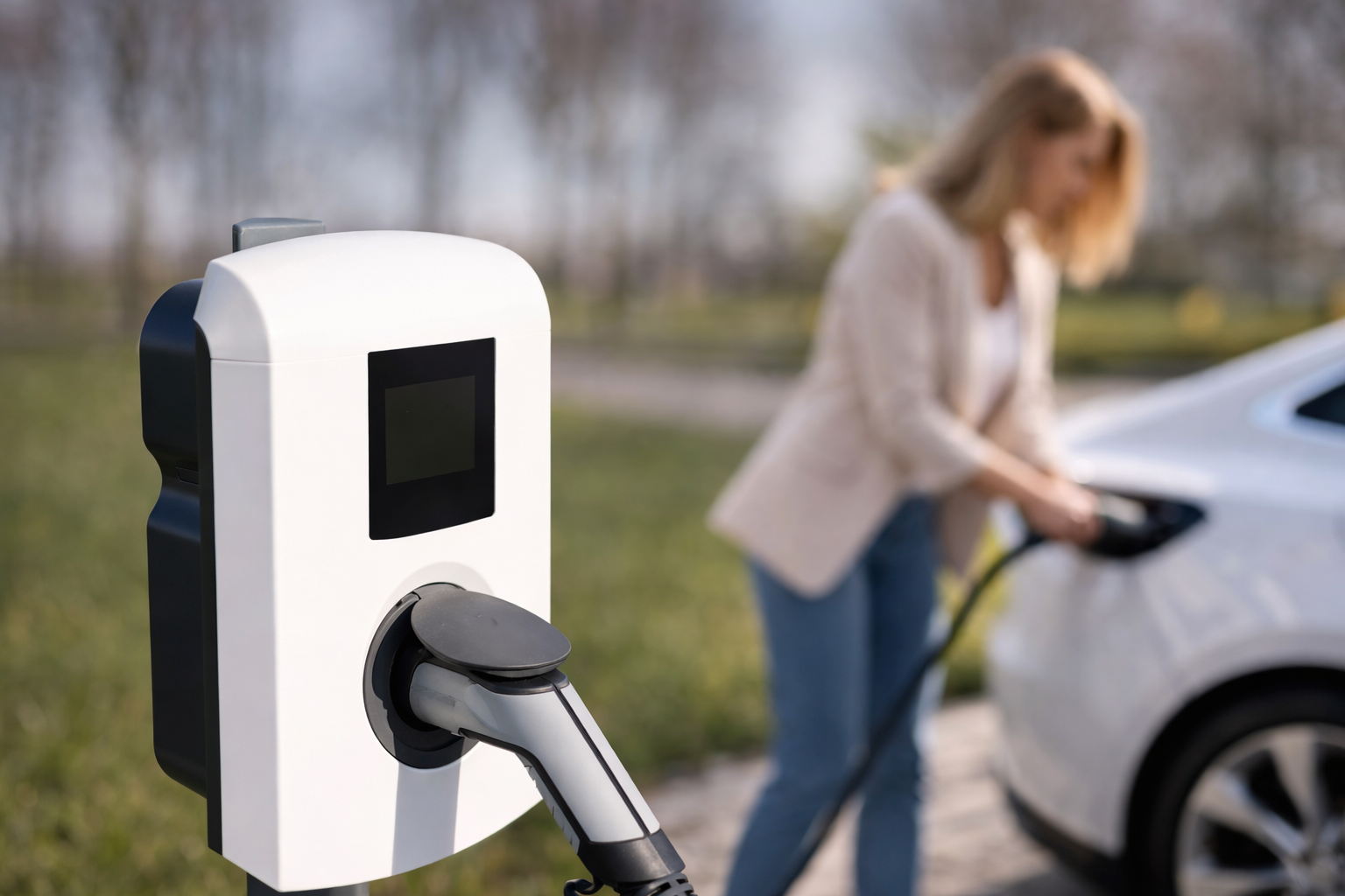 An electric vehicle charger is connected outdoors.